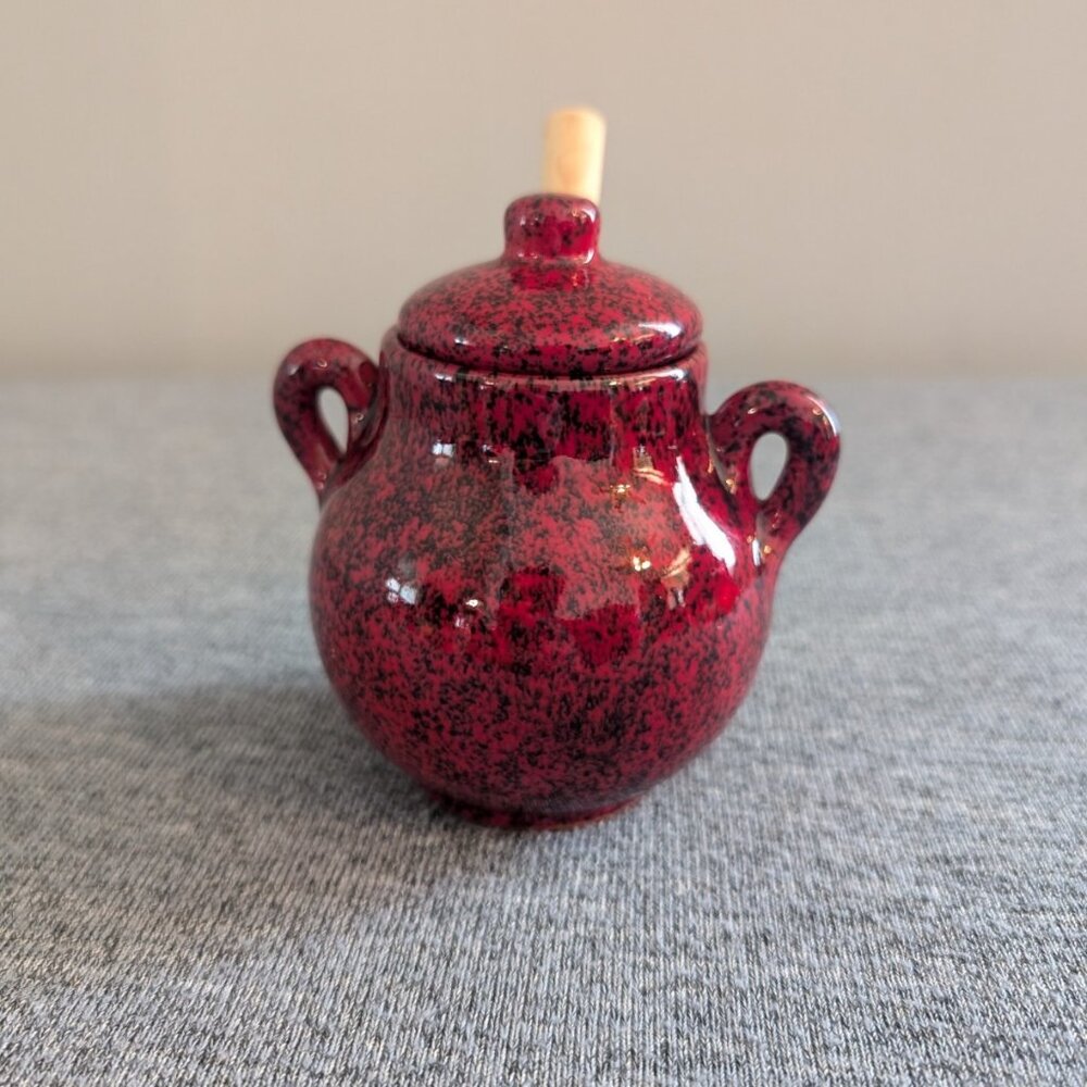 Mini Red Spackled Honey/Sugar/Spice Pot with Wooden Spoon